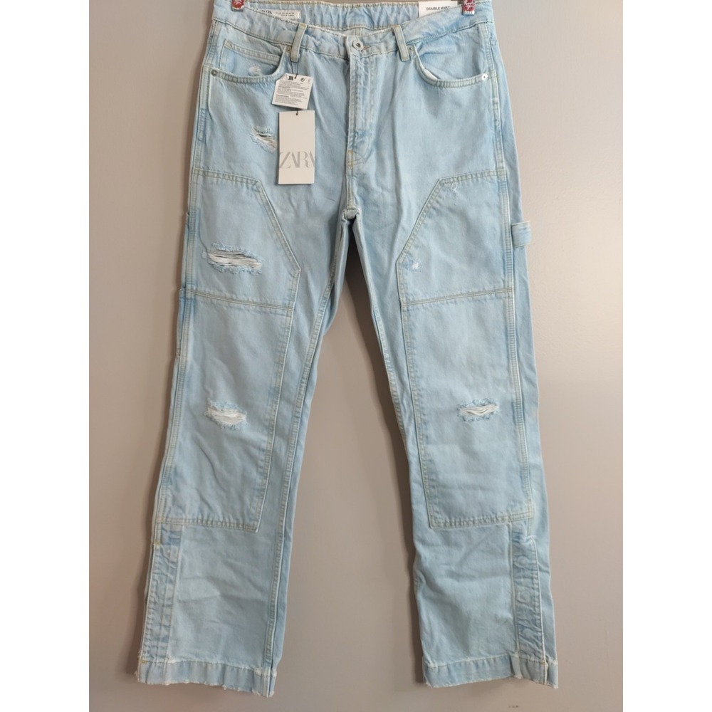 Zara‎ Mens Blue Distressed Double Knee Relaxed Straight leg Snap Hem Jeans 34